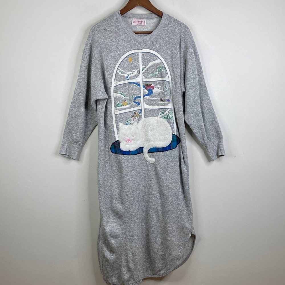 Vintage Nightgown Womens Medium Large Gray Fleece Kitten Cat Cozy Sweatshirt